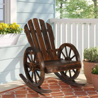 Outdoor Wagon Rocking Chair, Adirondack Rocker Chair W/Slatted Design And Back, Carbonized Patio Lounge Chairs Rustic Rocker With Wheel Armrest For Ga by Millwood Pines