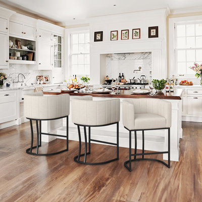26.4" H Counter Height Bar Stools Set Of 3, Modern Barrel Counter Stools With Backrest And Arms, Metal Legs, Upholstered Accent Barstools For Kitchen by Hokku Designs