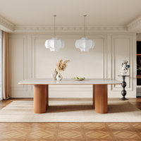 78.7" Stone Kitchen Dining Table for 8 with Solid Wood Legs, Travertine Slab Top, Semi-Circular Stripe Base by Latitude Run