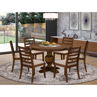 Modern Dining Table set included a Round Kitchen Table and Light Tan Polyester Fabric stackable Dining Chair, Antique Walnut Finish by Red Barrel Studio