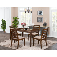 Kitchen table set consists of a breakfast table with Antique Walnut top and stackable chairs with Light Tan Polyester Fabric - Antique Walnut by Winston Porter