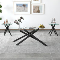 Skyy 3 - Piece Living Room Table Set Including 1 Coffee Table and 2 Matching End Tables with Cross Metal Base & Tempered Glass Top by Mercer41