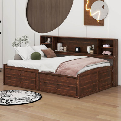 Clelio Full Size Wooden Captain Bed with Built-in Storage Shelves, 4 Drawers and 2 Cabinets by Millwood Pines