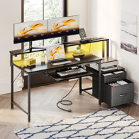 Harleysville Gaming Desk with Led Lights and Built-in Power Socket,Reversible Desk with Monitor Shelf and Cabinet ,Computer Desk with Pull-out Keyboar by Wrought Studio