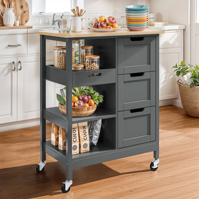 Baveline 27"x15" Classic Kitchen Cart on Wheels with Solid Wood Top, Drawers and Multifunction Racks by Ebern Designs