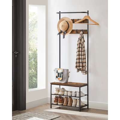 Hall Tree 25.2" Wide with Bench and Shoe Storage, Entryway Bench with Coat Rack Stand, 9 Movable Hooks, Top Bar by 17 Stories