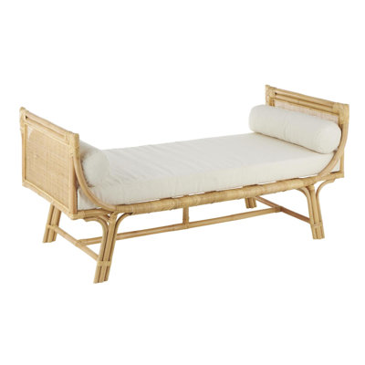 Cole And Grey Rattan Wrapped Bench With White Fabric Seat And Side Cushions by Bay Isle Home