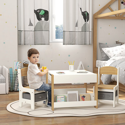 Qaba 3 Piece Kids Table And Chair Set, 2 In 1 Toddler Table And Chair Set With Reversible Tabletop, Blackboard, Storage, Bookshelves, For Playroom, Nu by Harriet Bee