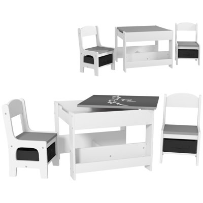 Qaba 3 Piece Kids Table And Chair Set, 2 In 1 Toddler Table And Chair Set With Reversible Tabletop, Blackboard, Storage, Bookshelves, For Playroom, Nu by Harriet Bee