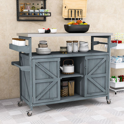 Miho Rolling Kitchen Island with Storage Cabinet, Grill Table with Stainless Steel Top and Spice Rack by Gracie Oaks