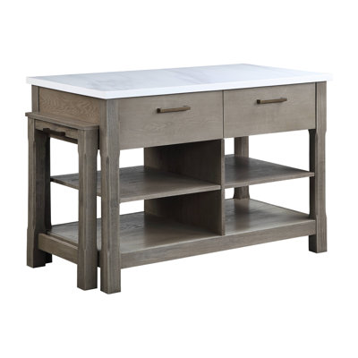 Kitchen Island w/Pull Out Table, Nature Marble Top Top & Rustic Oak Finish by Hokku Designs