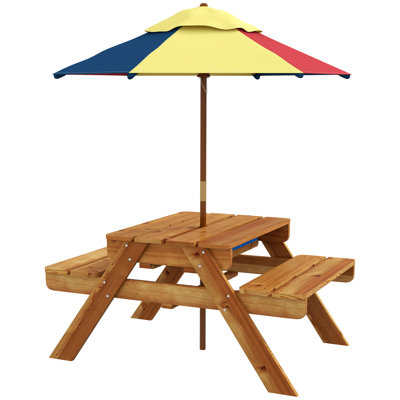Kids Picnic Table With Foldable Umbrella, 3 In 1 Sand And Water Activity Table With 2 Play Boxes, Removable Top, Outdoor Convertible Wooden Table & Be by Harriet Bee