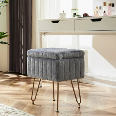 Small Vanity Stool Chair with Storage, Faux Fur Soft Ottoman with Metal Legs Makeup Footstools for Bedroom by House of Hampton