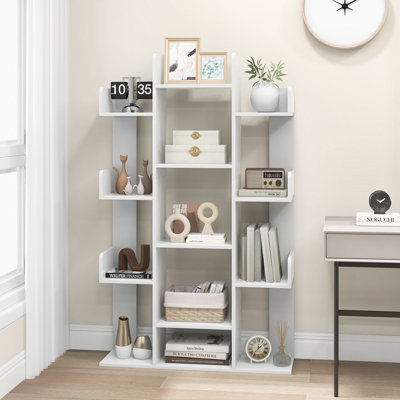 Ebern Designs 1 Pcs Bookshelf Tree-shaped Bookcase With 13 Storage Shelf Rustic Industrial Style White by Ebern Designs