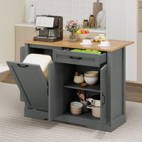 Portable Mobile Rolling Kitchen Island With Trash Can Storage Cabinet & Drop Leaf, Wheels Drawer Cabinet For 13 Gallon Garbage Bin by Winston Porter