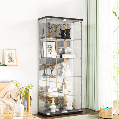 Razuri Tempered Glass Display Cabinet with Mirrored Back Panel, 5-Shelf Curio Cabinet with 2 Door by Latitude Run