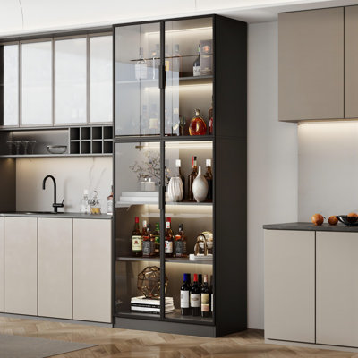 Beyzanur Tall Dining Cabinet With Led Lights & Glass Doors by Wrought Studio