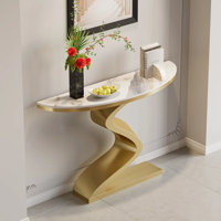 Modern 39.4" Curved Console Table with Sintered Stone Top Half Moon Shape by Everly Quinn