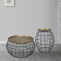 Belles Milo 2-Piece Coffee Table And End Table Set - Round Antique Brass Tray Top With Curved Cage Design Black Iron Base by 17 Stories