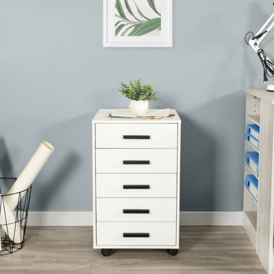 Modern 5-Drawer Mobile Storage Cart for Under Desk, Durable Black Engineered Wood Organizer with Locking Casters, Smooth-Glide Drawers for Office File by Millwood Pines