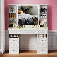 Vanity Set With Extra Large Lighted Mirror, Top Dressing Table With 9 Drawers, Makeup Vanity With Storage Bench, European Style Vanity, Adjustable Bri