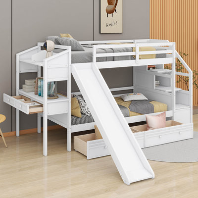 Twin Over Twin Bunk Bed With Storage Staircase, Slide And Drawers by Harriet Bee