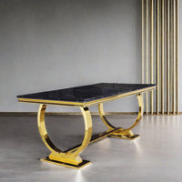 Luxury Kitchen Dining Room Table with Gold Stainless Steel Metal U-Base in White and Gold by Mercer41