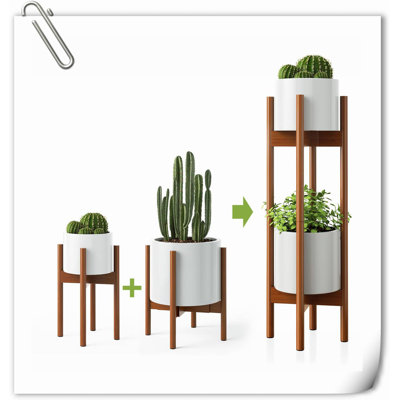 2 Pack Mid Century Modern Plant Stands With Adjustable Width 8" To 12", Indoor Bamboo Plant Stand With 2 Tier Use Method (Pot & Plant Not Included) by Arlmont & Co.