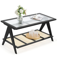 39.4" Glass Top Coffee Table with ABS Rattan Storage Shelf by Bay Isle Home