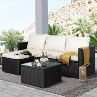 Patio Furniture Set 3 Piece Outdoor Sectional Patio Sofa, All-Weather Wicker Rattan Outdoor Furniture Set With Glass Table And Cushions