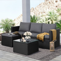 Patio Furniture Set 3 Piece Outdoor Sectional Patio Sofa, All-Weather Wicker Rattan Outdoor Furniture Set With Glass Table And Cushions