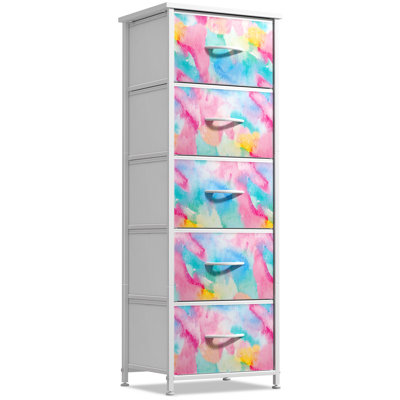 Narrow 5 Drawers Nightstand with Steel Frame, Wood Top, & Fabric Bins
