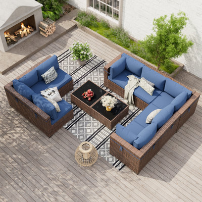 Modular 8-Person Rattan Sectional Conversation Sets With 2 Coffee Table