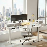 Meachie 63" Adjustable L Shaped Computer Standing Desk with 3 Drawers & Power Outlets & LED Lights by Inbox Zero