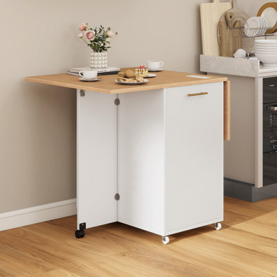 Folding Drop Leaf Kitchen Island Cart With 10 Gallon Trash Can Storage Racks Cabinet & Power Outlet by Ebern Designs