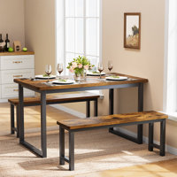 Dining Room Table Set with 2 Benches, Farmhouse Dining Table Set For 4, Wood Breakfast Table Set by 17 Stories