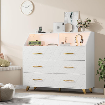 Kawamura Bedroom Dresser with LED Lights & Charging Station, Wood 6 Drawer Dresser for Bedroom, Dressers & Chests of Drawers for Closet, TV Stand, Liv by Mercer41
