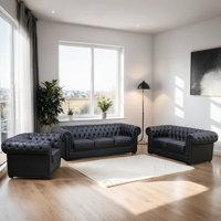 3-Piece Button Tufted Premium Cow Top Genuine Leather Luxury Classic Chesterfield Living Room Sofa Set by Red Barrel Studio