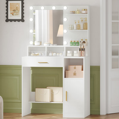 Ruford Makeup Vanity Desk with Mirror & Light, White Vanity Desk Table with Large Drawer and Storage Cabinet, 3 Lighting Modes Adjustable Brightness, by Mercer41