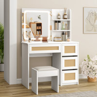 Rattan Makeup Vanity Desk With Charging Station, Vanity Desk With Mirror by Bay Isle Home