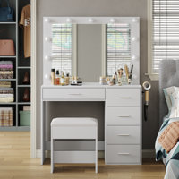 Vanity Desk with Power Outl,Makeup Table with Lighted Mirror, 3 Color Lighting Modes, Brightness Adjustable, Dressing Table with Drawers, Vanity Table