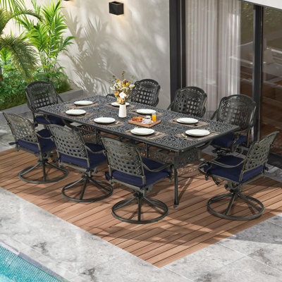 Meetwarm 9-Piece Outdoor Patio Dining Set, All Weather Cast Aluminum Patio Funiture Table And Chairs Set- 94.5" Rectangular Table And 8 Cushioned Swiv by Canora Grey