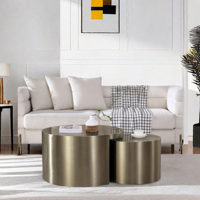 Gold-Brushed Nesting Coffee Table for Living Room, Brass Coffee Tables 2 in 1 by Ivy Bronx
