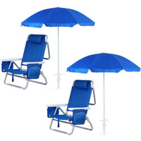 Folding Beach Chair with Built-In Cooler, Umbrella, and Cup Holder, for Outdoor Use (Blue) by Arlmont & Co.
