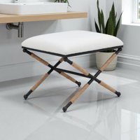 Buetti Jaipur Accent Stool in White Bouclé - Upholstered Vanity Stool/Ottoman - Modern Accent Ottoman- Bathroom Vanity Stool by Bayou Breeze