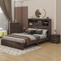 4-Pieces Bedroom Sets Queen Size Vintage Wooden Bed Frame With Nightstands And Dresser by Lark Manor
