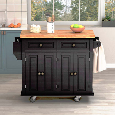 Alyxandra Kitchen Island On Wheels, Rolling Cart With wood Top, Spice Rack, Towel Rack And Drawers, sland,coffee cart,rolling kitchen island by Lark Manor