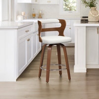 Swivel Upholstered Barstool With Wood Frame, Unfolding, Rubber Wood Legs by George Oliver