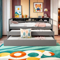 Azden Daybed Twin XL Wood Daybed with 2 Trundles, 3 Storage Cubbies, 1 Light for Free and USB Charging Design by Lark Manor