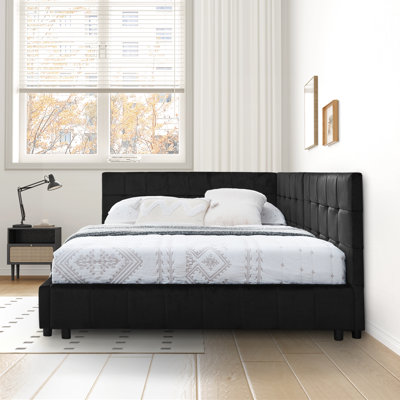 Reversible L-Shape Upholstered Platform Bed With Velvet Fabric Design by Mercer41